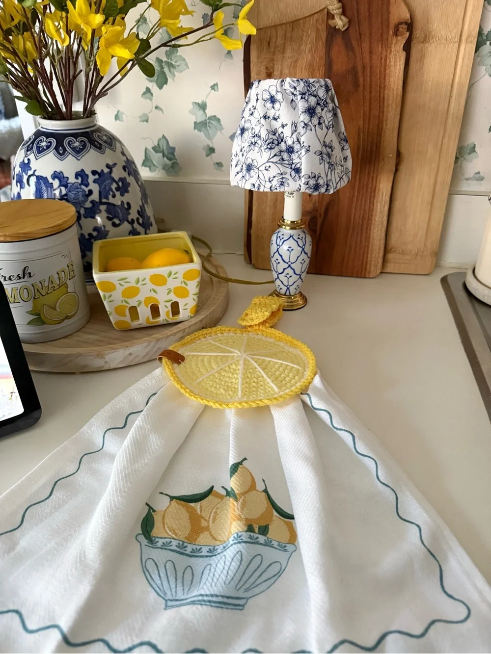Handmade Yellow Lemon Hanging Kitchen Hand Towel with Crochet Top